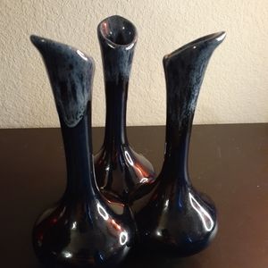 Van Briggle MCM Triple Bud Vase Black with White Drip Glaze 7” Tall Signed